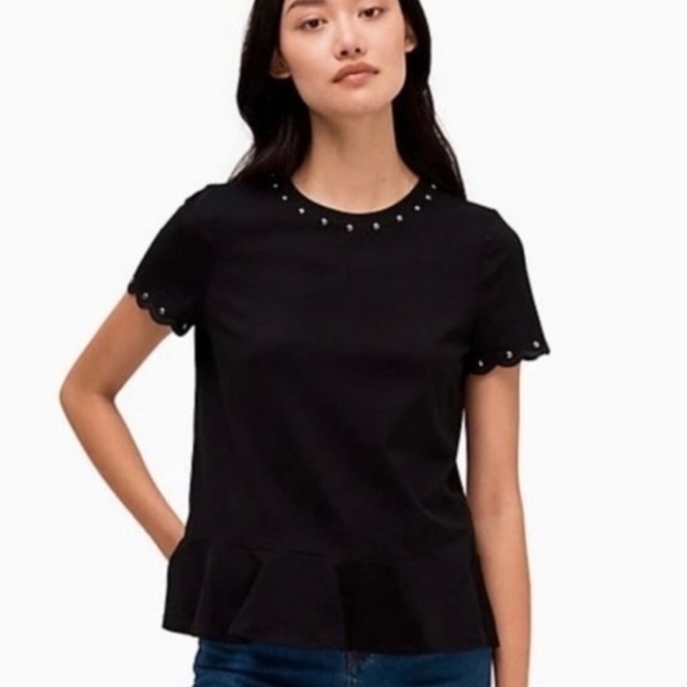 Kate Spade Black scallop T-shirt with Studded Detail extra small